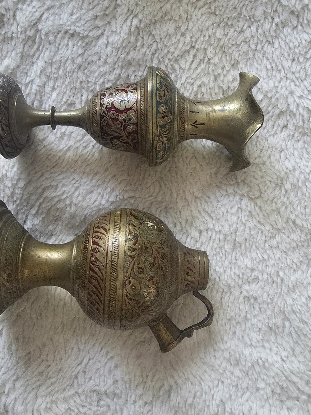 Vintage Brass Etched Bud Vase And Pitcher Set Engraved Floral Design
